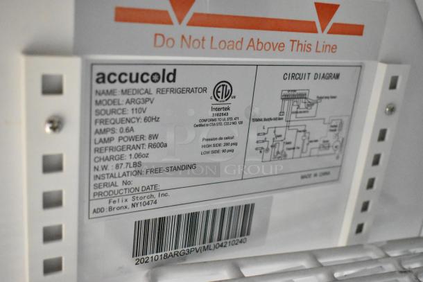 Accucold ARG3PV mini cooler merchandiser label showing specs: 115V, 1 Phase, R600a refrigerant, 87.7 lbs.