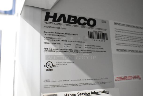 2019 Habco SE18 commercial single door reach-in cooler label showing model details and electrical specifications.