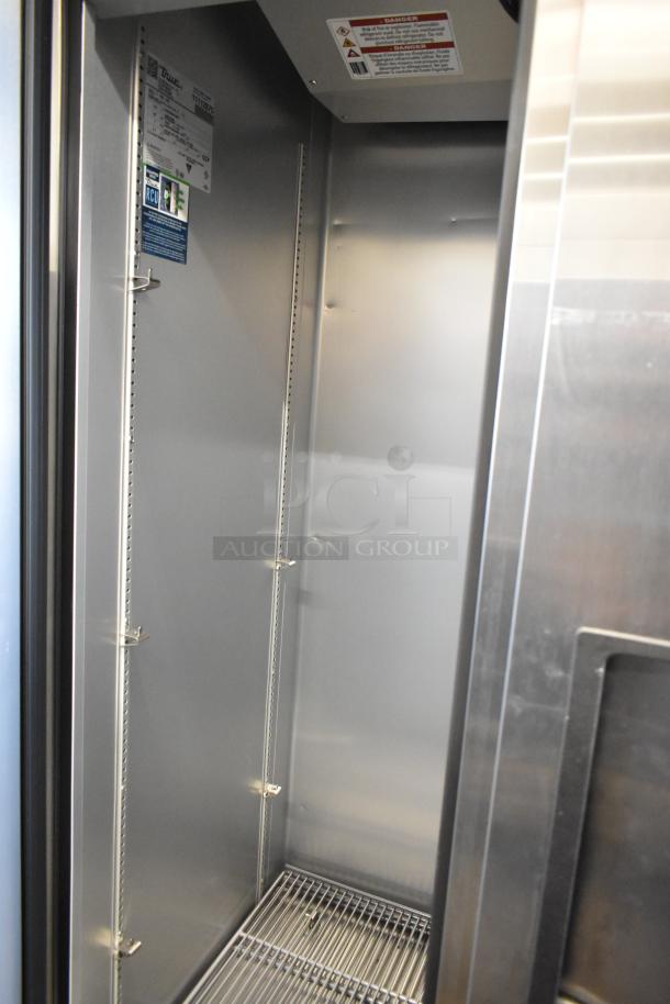 True T-35-HC 2 Door Stainless Steel Cooler, poly coated racks, 115V, 1 Phase; clean interior, model label visible.