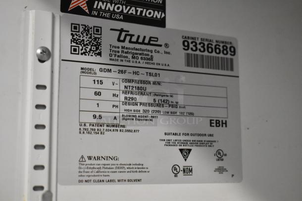 2017 True GDM-26F-HC commercial cooler label, showing model, voltage, refrigerant type R290, and compliance markings.