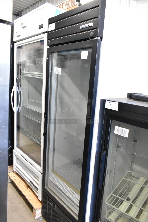 2019 Habco SE18 commercial cooler, single glass door, metal frame, poly-coated racks, 115V, good condition.