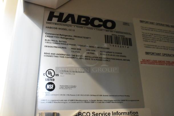 2019 Habco SE18 metal commercial single door cooler, 115V, 1 phase, with poly coated racks. UL and NSF certified label shown.