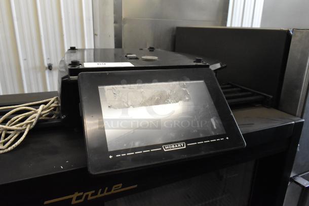 2017 Hobart HTi Metal Commercial Countertop Food Portioning Scale, missing weight plate, features a digital display, model label visible.
