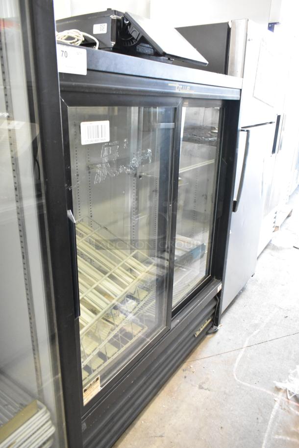 True GDM-41SL-54-LD metal commercial 2-door cooler merchandiser with poly-coated racks, 115V, 1 phase, used condition.