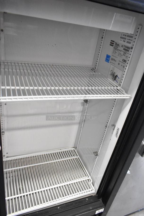 True GDM-41SL-54-LD commercial cooler, dual glass doors, poly coated racks, labels indicate model details, 115 volts.