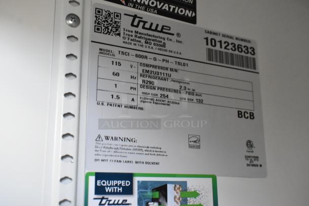 2021 True TSCI-600R-G-PH commercial cooler with poly coated racks, 115V, 1 phase. Energy and safety labels visible.