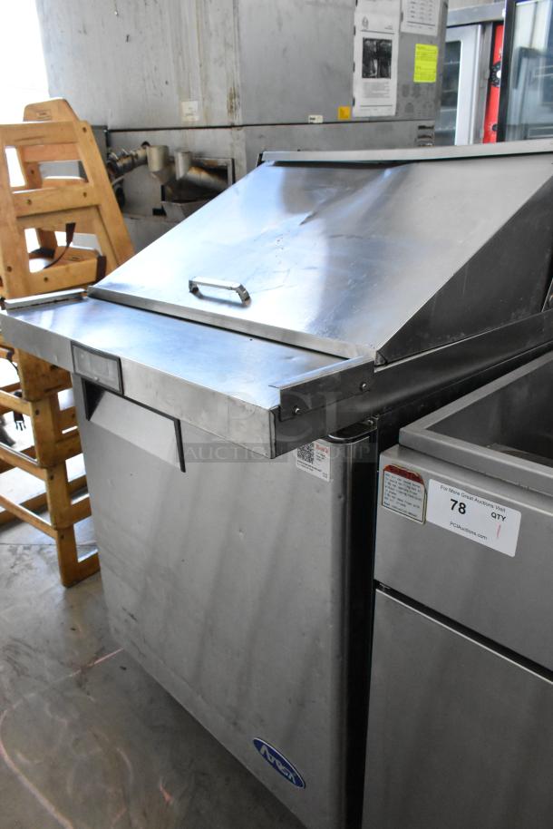 Atosa MGF8305GR stainless steel sandwich prep table, bain marie mega top, on casters. 115V, 1 phase. Visible wear.