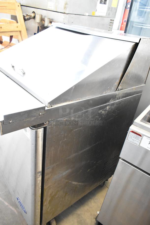 Atosa MGF8305GR stainless steel sandwich salad prep table with Bain Marie mega top on commercial casters, 115V, 1 phase.