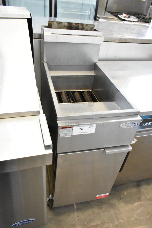 Cook Rite ATFS-50 stainless steel deep fat fryer, 136,000 BTU, on commercial casters. Model and item labels visible.