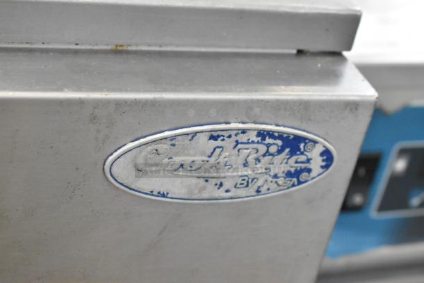 Cook Rite ATFS-50 stainless steel commercial deep fat fryer with natural gas, 136,000 BTU, on casters. Logo visible on side.
