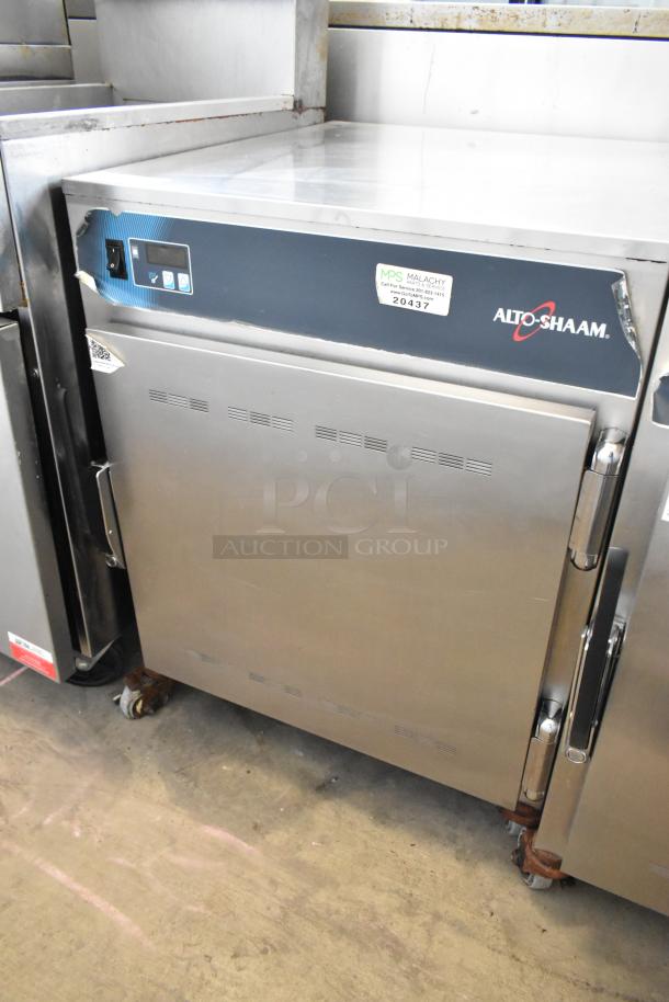 Alto Shaam 750-S stainless steel commercial heated holding cabinet, on casters, 120V, 1 phase, visible brand label.