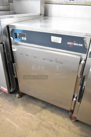 Alto Shaam 750-S stainless steel commercial heated holding cabinet, on casters, 120V, 1 phase, visible brand label.