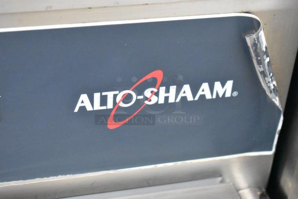 Alto Shaam 750-S stainless steel heated cabinet, commercial casters, 120V, 1 phase, logo visible, slight label wear.