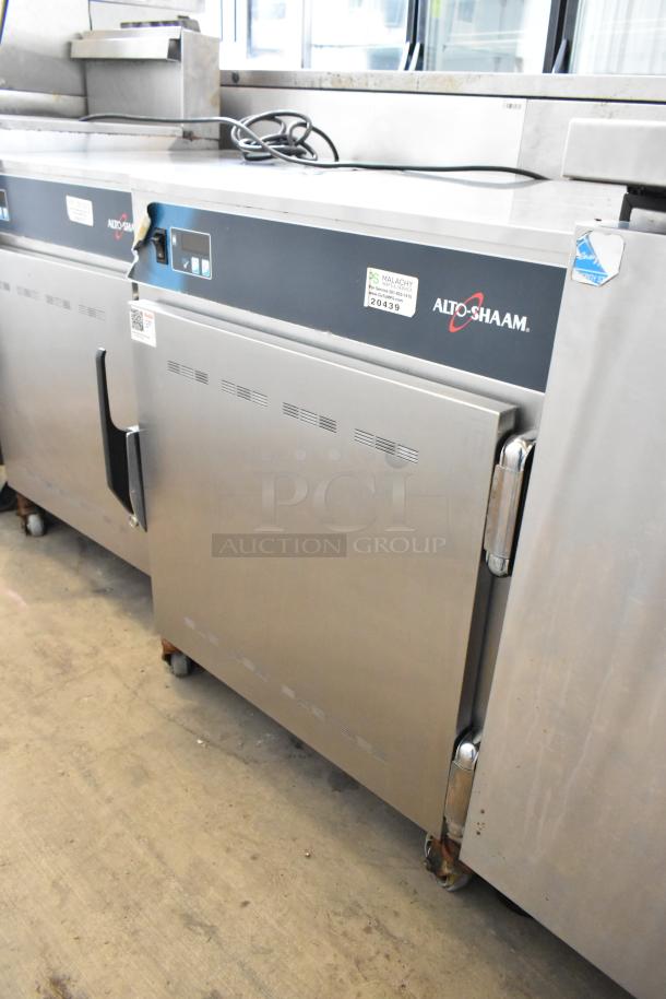 Alto Shaam 750-S stainless steel heated holding cabinet on casters, 120V, 1 phase, commercial use, visible labels.
