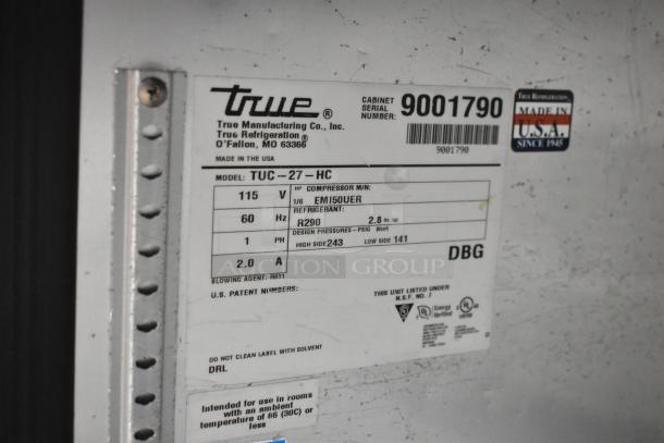 Label on True TUC-27-HC undercounter cooler, showing model, voltage, refrigerant, and manufacturing details.