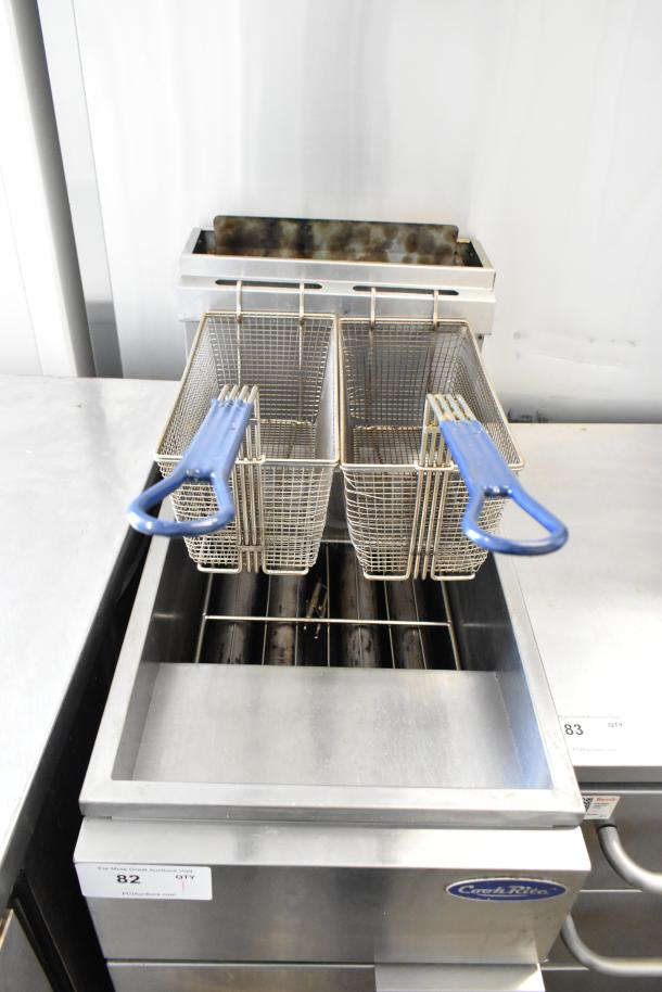 Cook Rite stainless steel commercial deep fat fryer with 2 metal fry baskets and blue handles, mounted on commercial casters.
