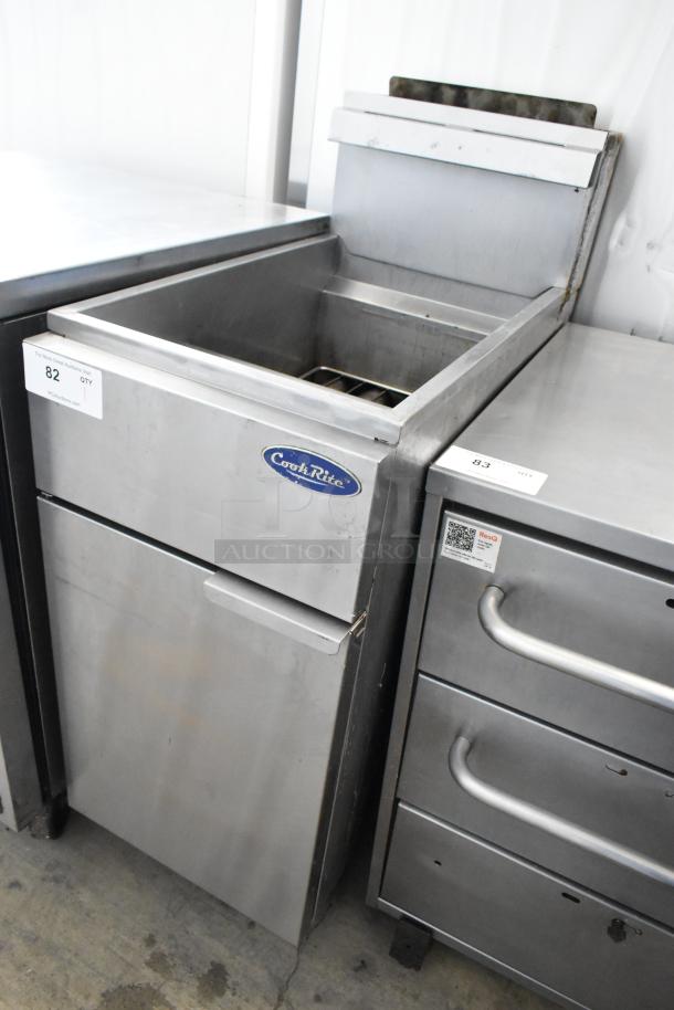 Cook Rite stainless steel commercial deep fat fryer with two metal fry baskets and commercial casters, slightly used condition.