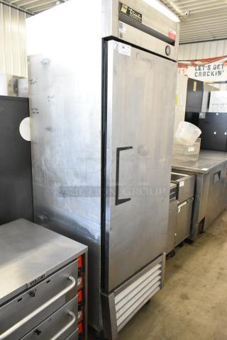 True T-23 Stainless Steel Commercial Single Door Reach In Cooler on Commercial Casters. 115 Volts, 1 Phase. - Item #1205374