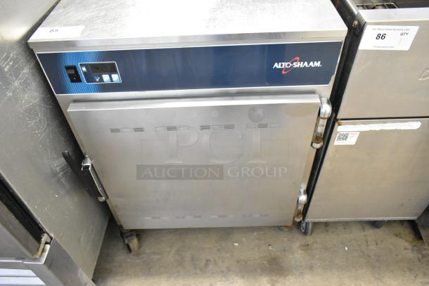 Alto Shaam 750-S stainless steel heated holding cabinet on casters, 120V, 1 phase, with control panel and brand label.