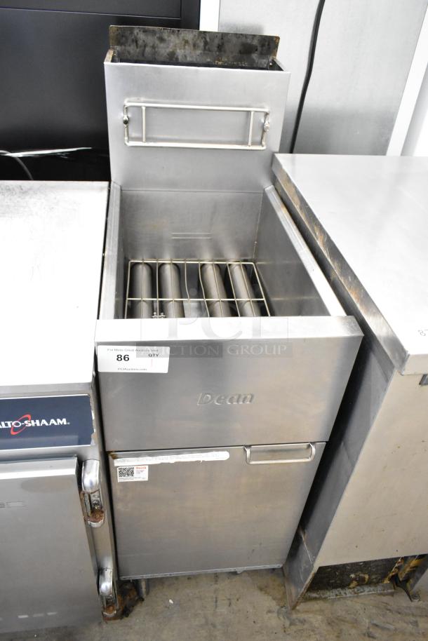2016 Dean SR152GN commercial stainless steel deep fryer with natural gas, 120,000 BTU, on casters, in good condition.