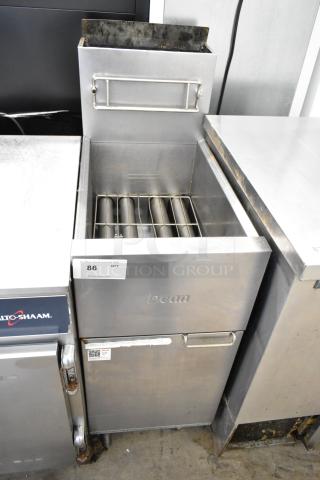 2016 Dean SR152GN commercial stainless steel deep fryer with natural gas, 120,000 BTU, on casters, in good condition.