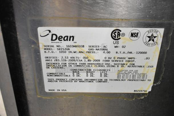 2016 Dean SR152GN stainless steel deep fat fryer, natural gas, 120,000 BTU, on commercial casters. Model label shown.