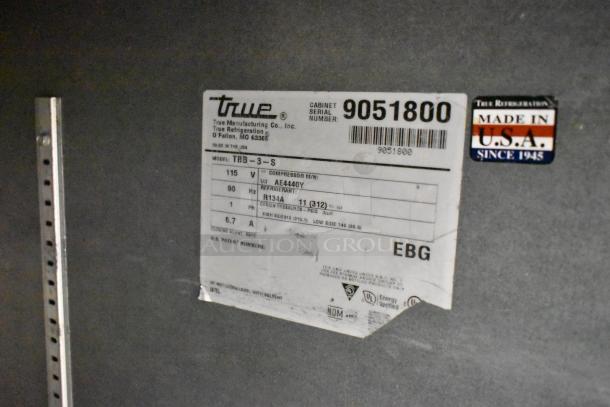 2016 True TBB-3-S stainless steel back bar cooler label showing model, 115V, and “Made in USA” sticker.