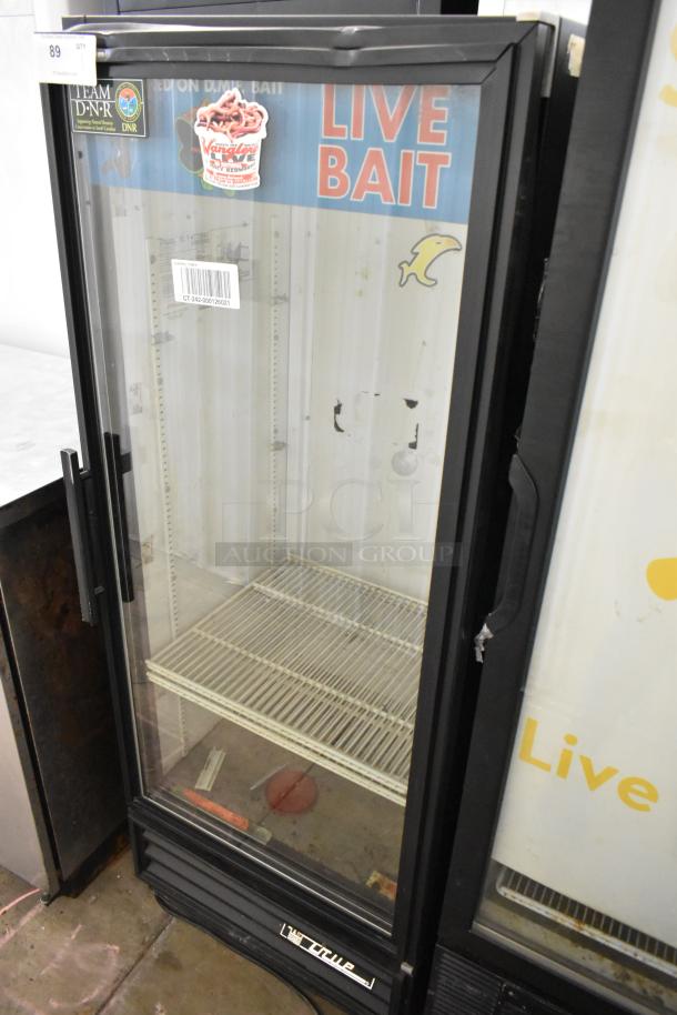True GDM-12 commercial single door cooler with glass front, poly-coated racks, 115V, used condition.