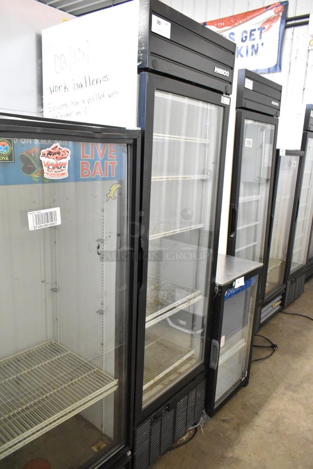 2019 Habco SE18 metal commercial reach-in cooler with single glass door and poly-coated racks, 115V, 1 phase.