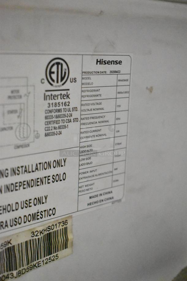 2020 Hisense RR44D6ASE Mini Cooler label. Model, 115V, 1 phase. Includes Intertek certification. Made in China.