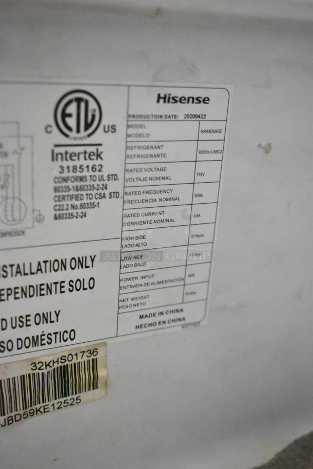 2020 Hisense RR44D6ASE Mini Cooler label, 115V, 1 phase, ETL certified, includes refrigerant and power specs, made in China.