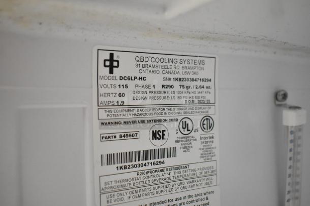 QBD DC6LP-HC mini cooler label, 115 volts, 1 phase, 60 hertz, 1.9 amps. Includes UL, NSF, ETL certifications. Serial number 1KB230304716294.