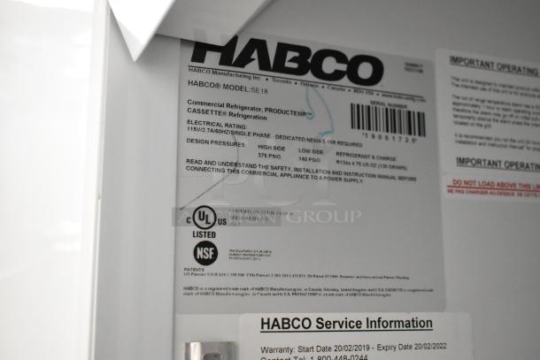 2019 Habco SE18 cooler label showing model, electrical rating, and certifications; UL listed, NSF approved.