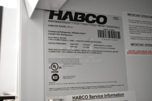 2019 Habco SE18 commercial cooler label showing model, electrical rating (115V, 1 phase), and certifications.