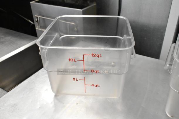 Lot of 4 clear poly bins, each marked with volume measurements in liters and quarts, excellent condition.