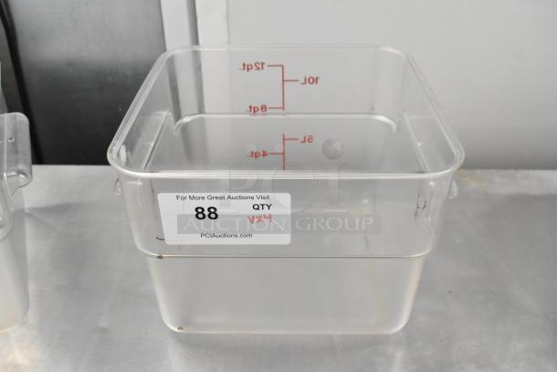 Lot of 4 clear poly bins, used condition, visible volume markings. Marked "QTY 4", auction label "88" from PCIAuctions.com.
