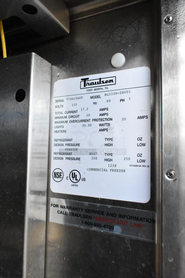 Traulsen RL332N-ZBY01 freezer label, indicating model, 115V, single phase, serial T74615A08, NSF and UL certifications.