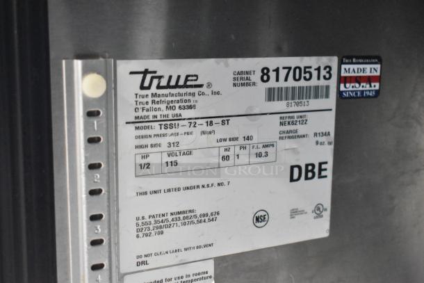 True TSSU-72-18-ST stainless steel commercial pizza prep table label, 115V, 1-phase, model info and specs visible.