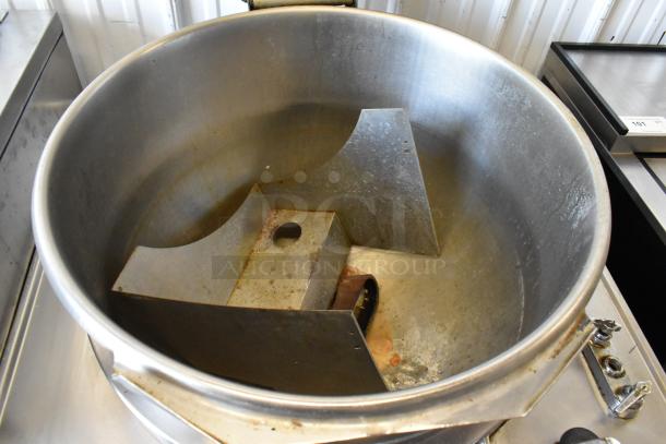 Market Forge MT40 stainless steel 40-gallon steam kettle, floor style, used, slight wear, ideal for commercial use.
