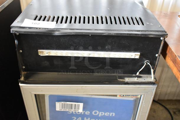 Metal Mini Cooler Merchandiser, 115V, 1 Phase. Features Coolpoint branding and store open sign. Used condition.