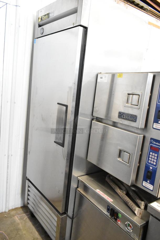True T-23F stainless steel single door commercial freezer with poly-coated racks, on casters, 115V, 1 phase. In good condition.
