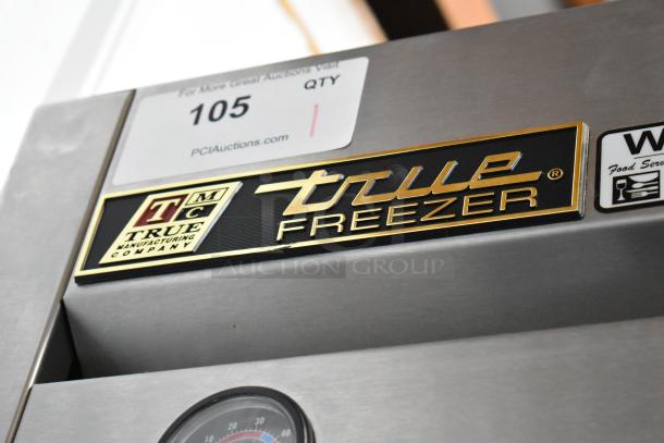 True T-23F Stainless Steel Commercial Freezer, single door, includes poly coated racks, on casters. Label shows True logo.