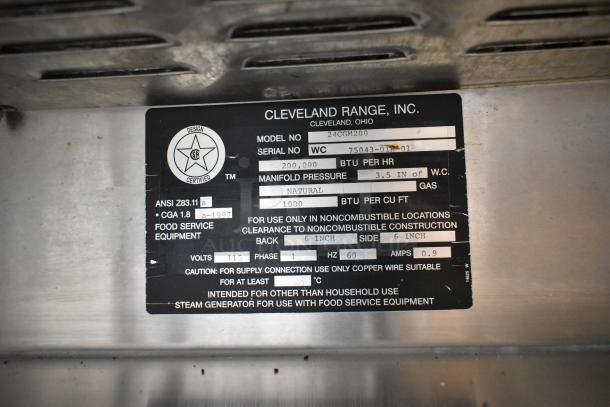 Cleveland 24CGM200 stainless steel commercial gas convection steam cabinet label detailing model, serial number, and BTU rating.