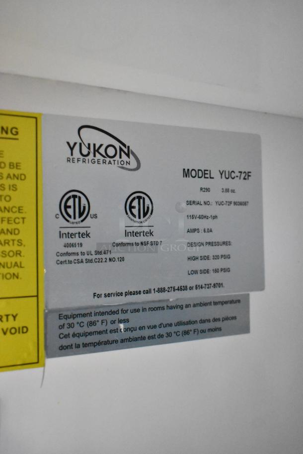 Yukon YUC-72F stainless steel undercounter freezer, 3-door, on casters, 115V, 1 phase, ETL listed, conforms to NSF Std 7.