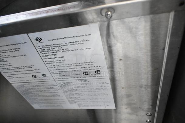 Stainless steel commercial gas-powered 4 burner steam table with under shelf, featuring manufacturer's label showing specifications and certifications.