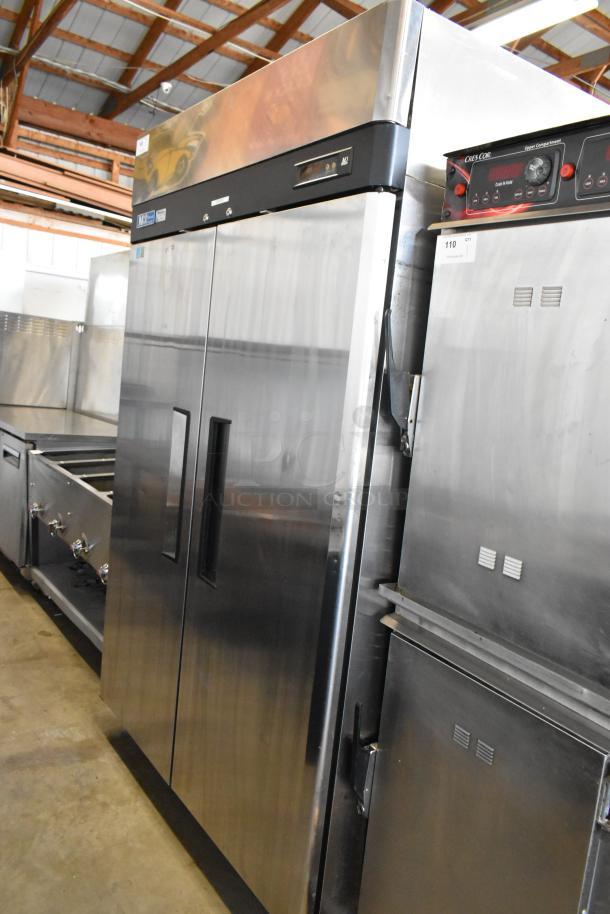 Turbo Air M3F47-2 stainless steel commercial 2-door reach-in freezer with poly-coated racks on casters, 115V, 1 phase.