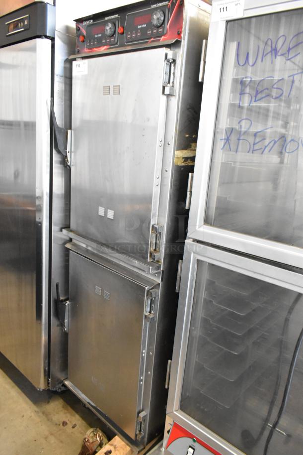 CresCor 1000CHSS2DE stainless steel heated holding cabinet with commercial casters. Top door won't open. 208/240V, 1 phase.