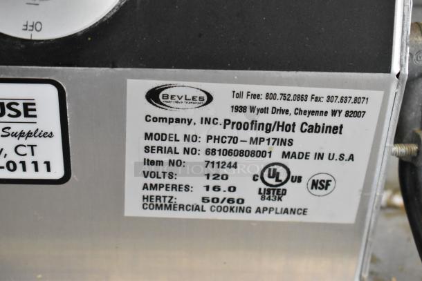 BevLes PHC70-MP17INS commercial heated holding cabinet proofer, 120V, 1 phase, on casters, metal construction, UL listed.