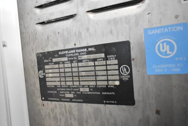 Cleveland 21CET8 SteamCraft Ultra steam cabinet label, showing voltage, phase, wattage, and UL sanitation classification.
