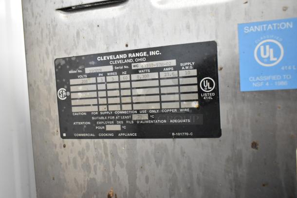 Cleveland 21CET8 SteamCraft Ultra 3 stainless steel steam cabinet label. 208V, 3 phase, 8,300 watts, UL listed.
